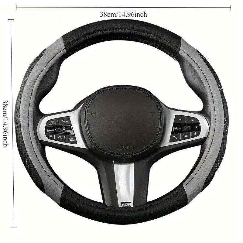 A black and silver steering wheel cover for a car, shown from above.