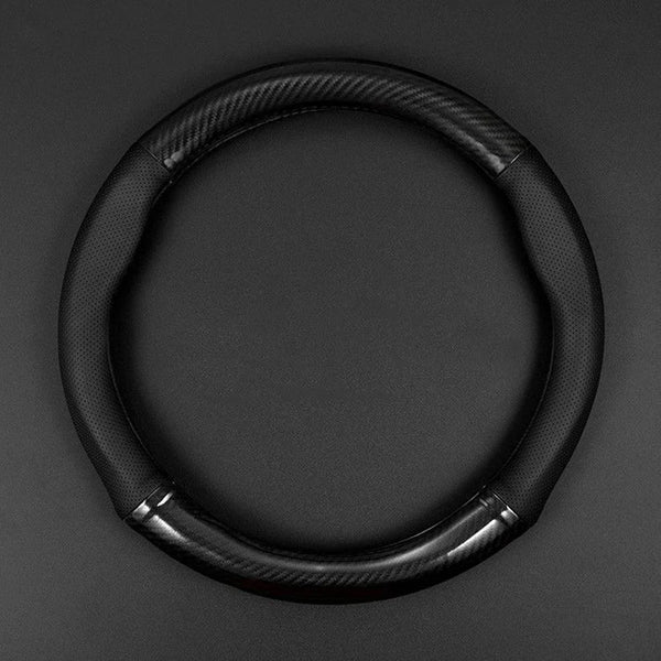 A black universal carbon fiber steering wheel cover shown in a top-down view.