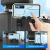 A hand holds a mobile phone in a car seat holder, demonstrating landscape and vertical screen effects.