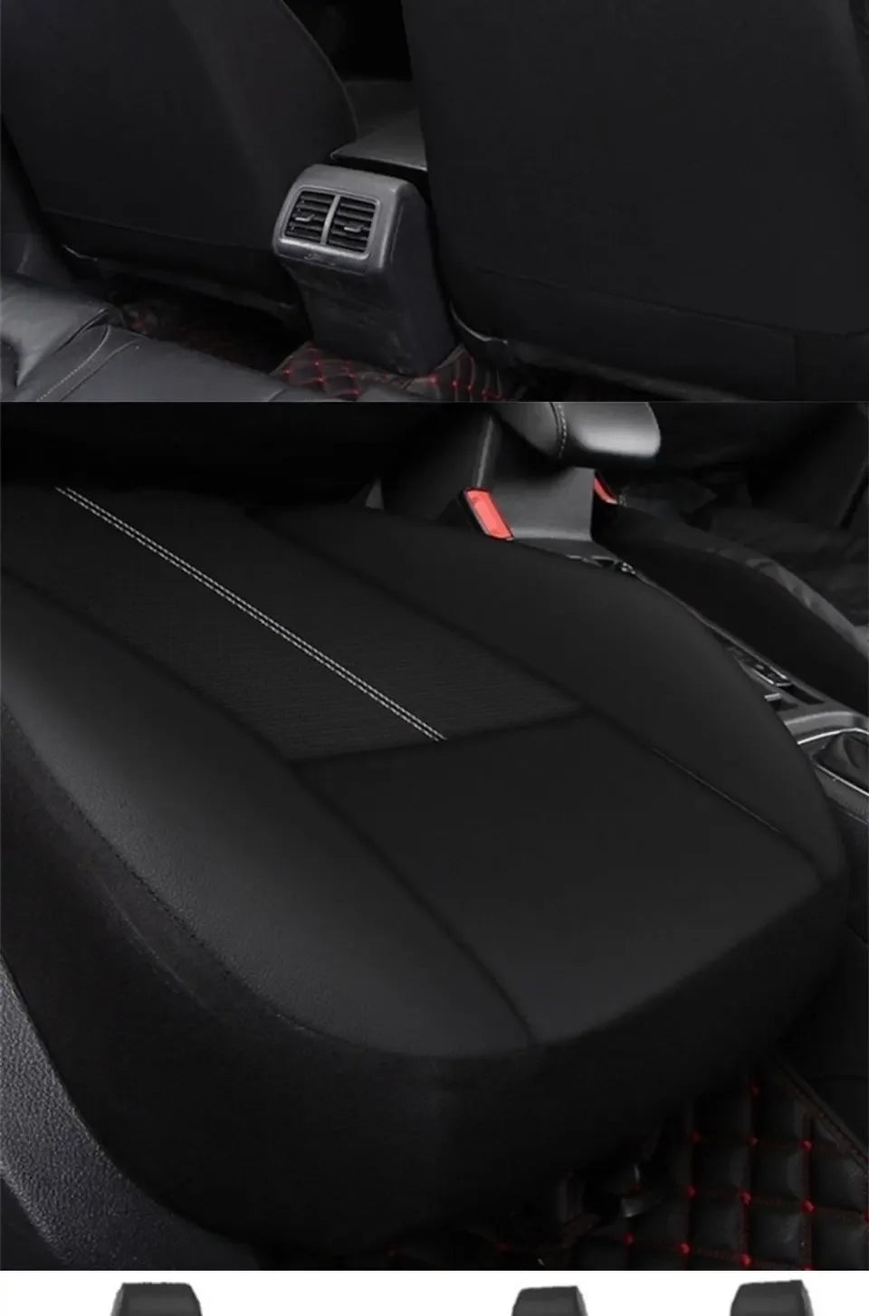 Black universal PU leather car seat cover set showing the interior of a vehicle.