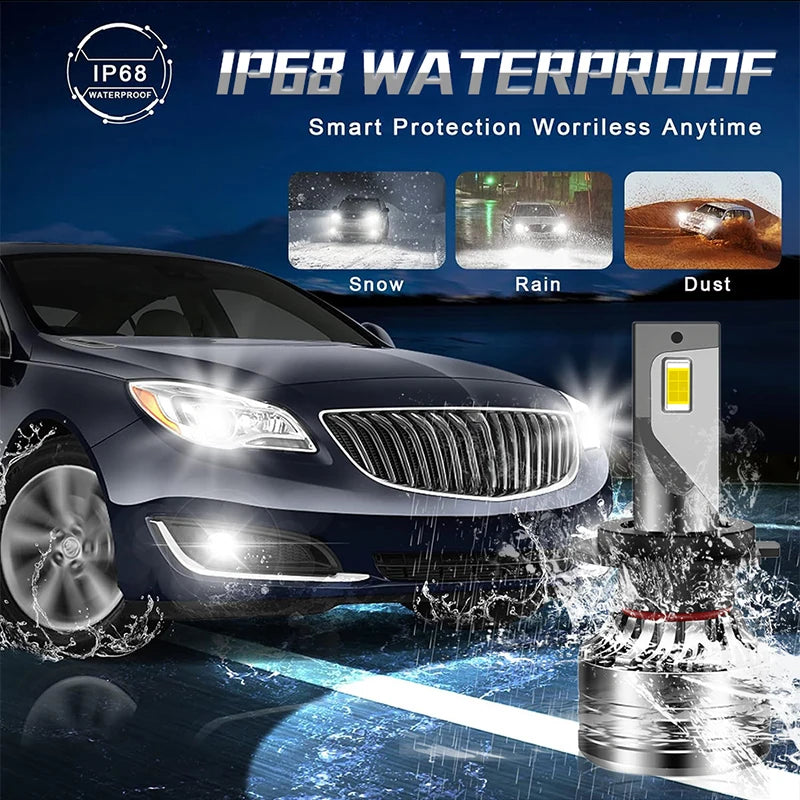 IP68 waterproof LED headlight bulbs demonstrating protection against snow, rain, and dust.