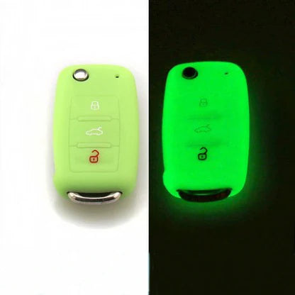 A lime green silicone car key cover for Volkswagen models shown against a black background.
