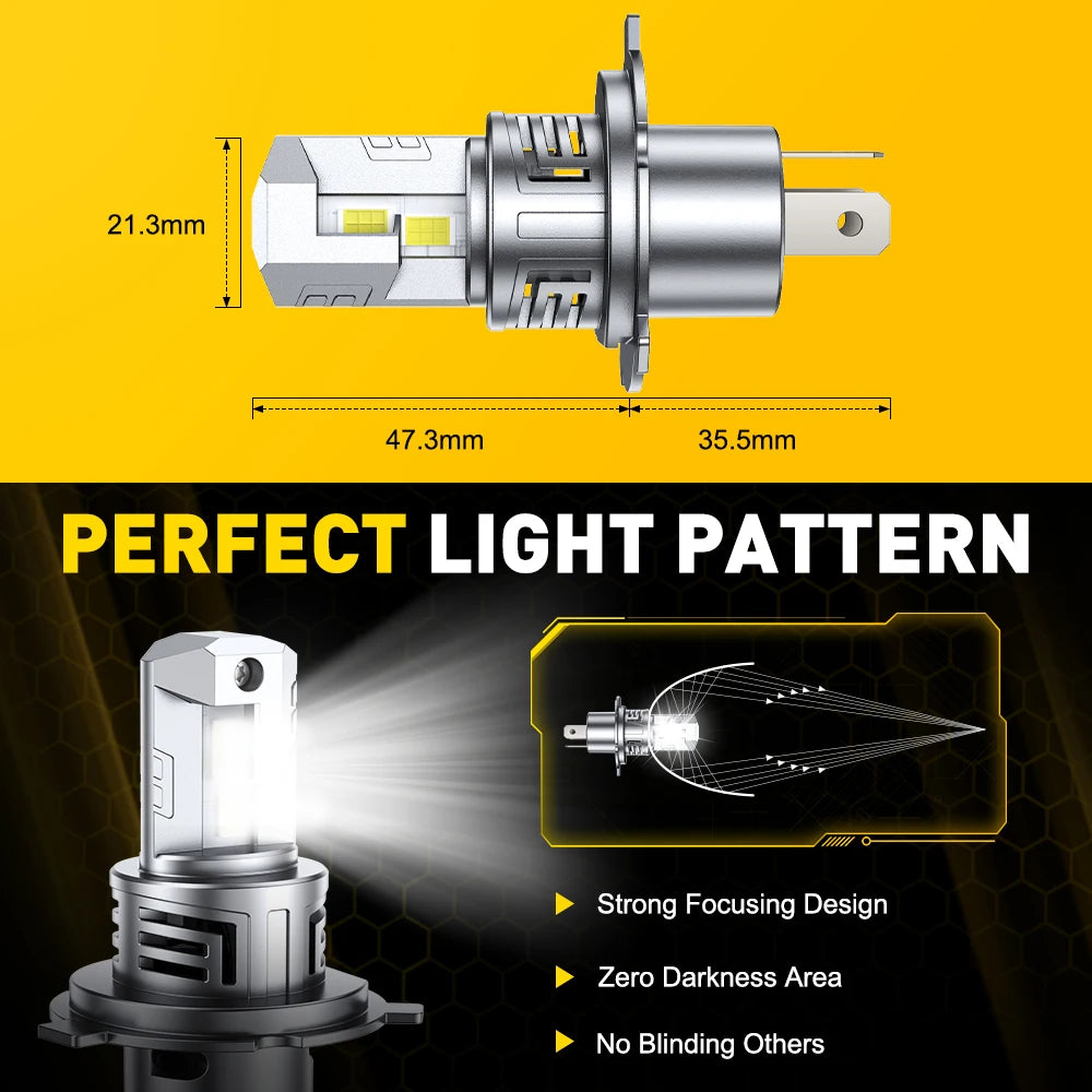A silver H4 LED headlight bulb with a cooling fan and light pattern diagram.