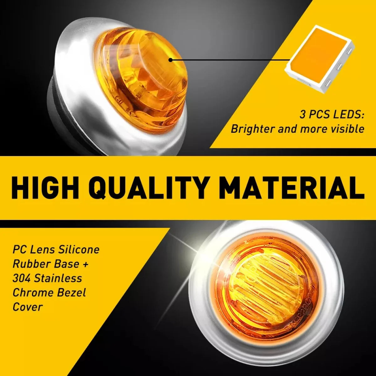 Close-up view of a round amber LED side marker light with a silicone lens and stainless chrome bezel cover.