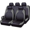 A set of five black PU leather car seat covers with gray accents.