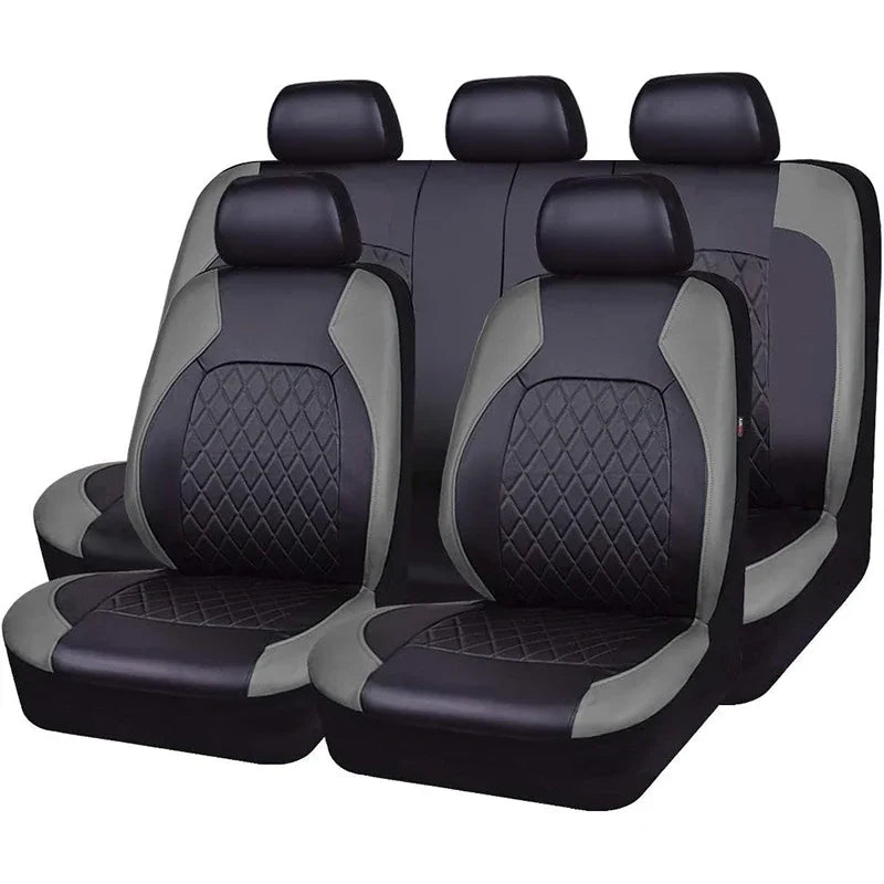 A set of five black PU leather car seat covers with gray accents.