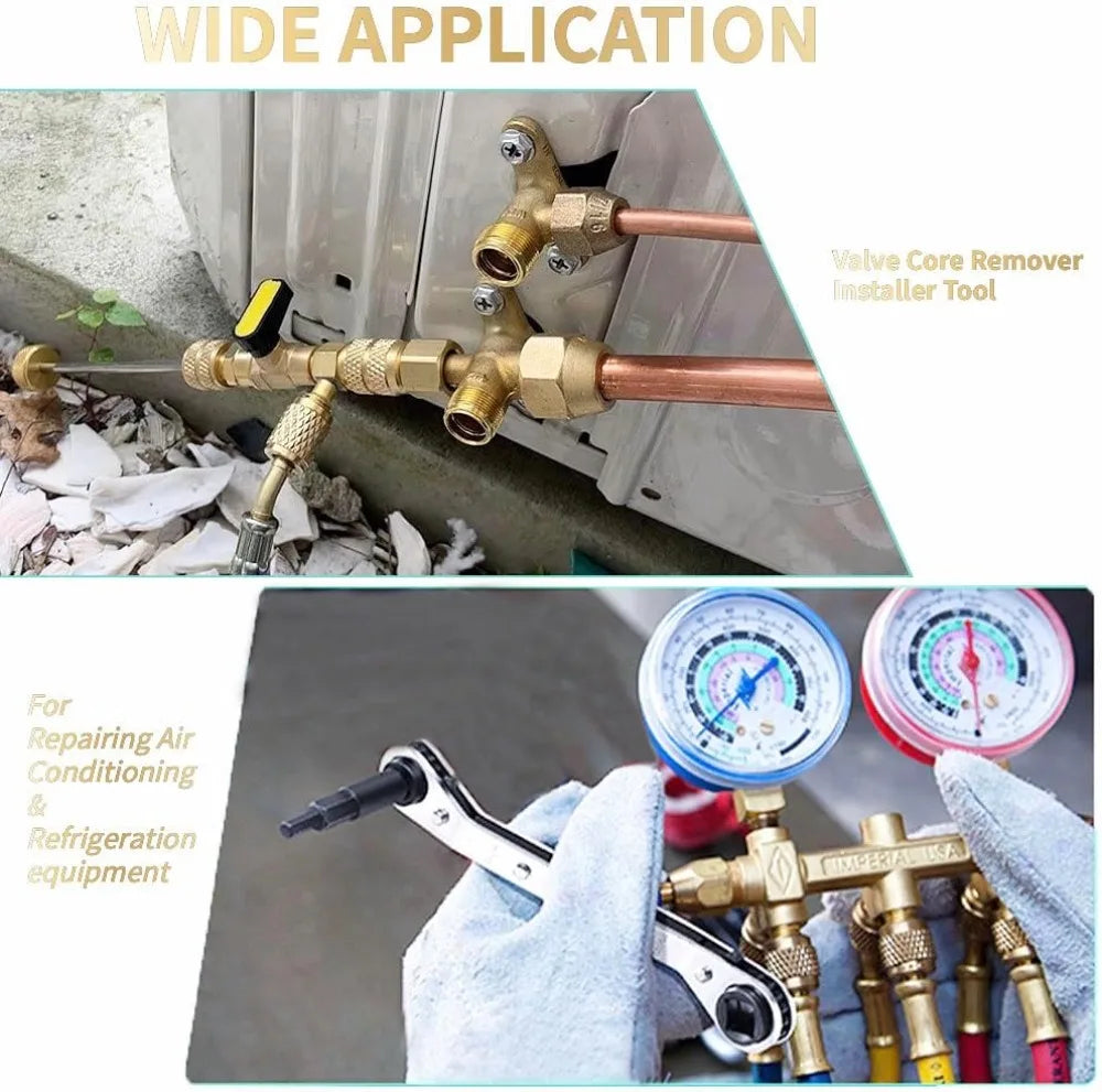 Kit de herramientas para reparar equipos de aire acondicionado y refrigeración, mostrando una herramienta instaladora para re