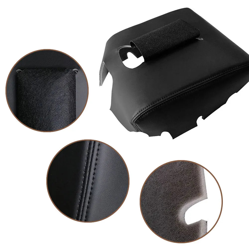 Black microfiber leather armrest cover for Chevy Silverado or GMC Sierra shown in various views