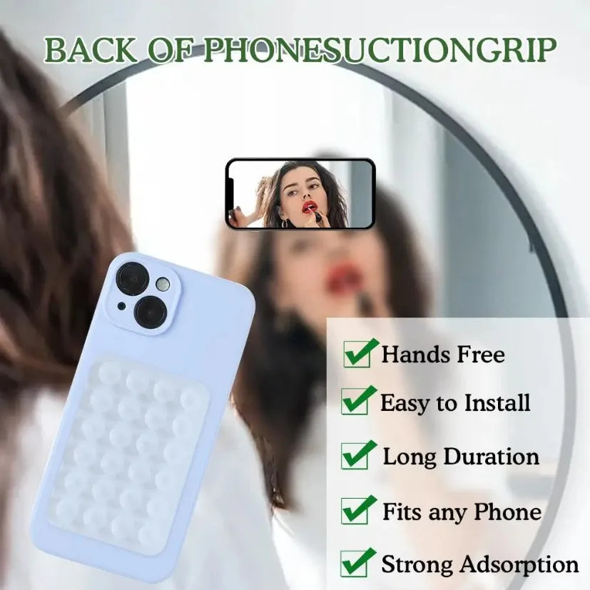 Une poignée de téléphone en silicone bleu clair avec ventouse, montrant son installation mains libres et sa forte adhérence