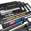 A collection of black JDM racing style license plate frame decorations with various text and designs.