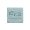 A light blue leather card holder featuring a line drawing of a car and the text Registration & Insurance.