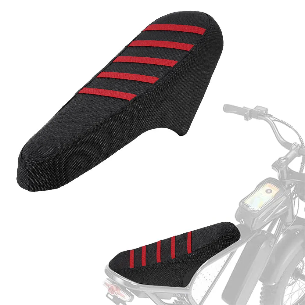 Black seat cover with red stripes for a motorcycle or e-bike seat.