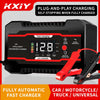 A black plug-and-play self-stopping fast charging device for 12V batteries with a red charging cable.