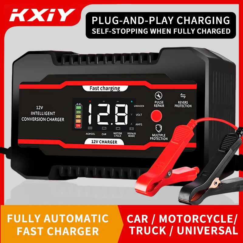 A black plug-and-play self-stopping fast charging device for 12V batteries with a red charging cable.