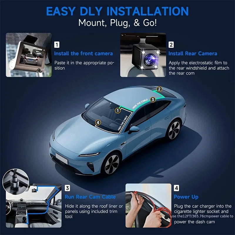Installation guide showing how to install a triple-lens dash cam on a car, including mounting and power up.