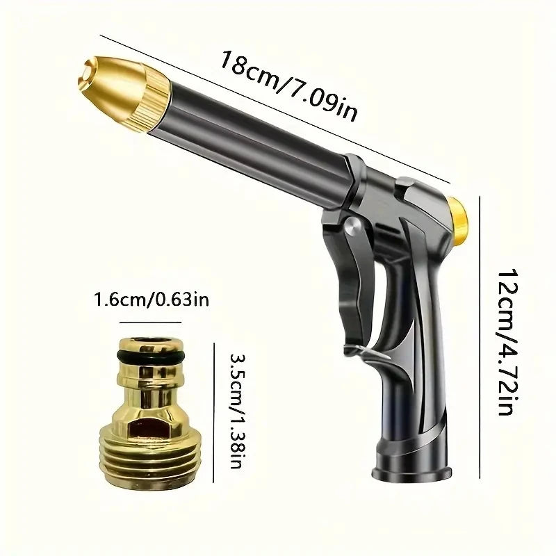 A black high-pressure adjustable water gun with a brass nozzle and a yellow accent, shown in profile.
