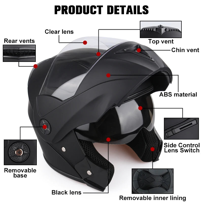 A black flip-up motorcycle helmet showing various components like vents, lens switches, and removable parts.