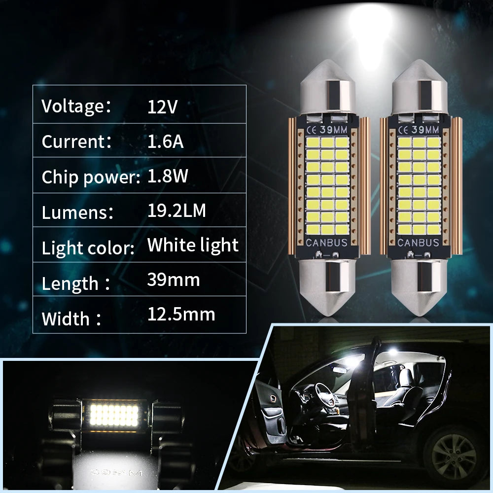 Un jeu d'ampoules festonnées LED canbus blanches pour véhicules, montrant les spécifications techniques et une lumière instal