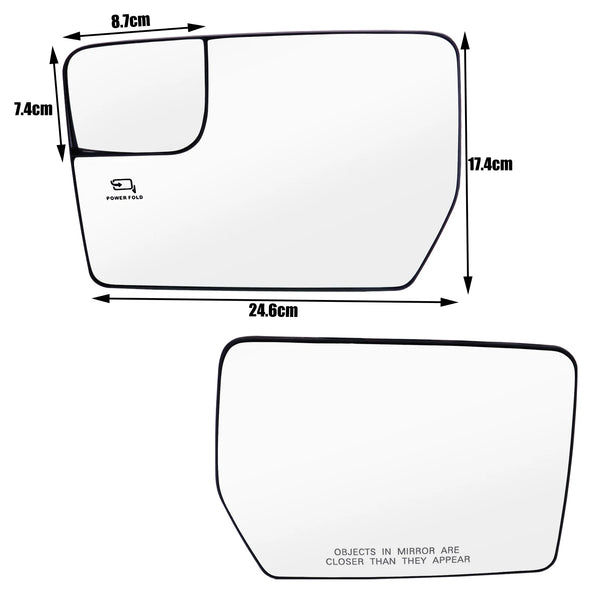 Diagram showing the dimensions of a heated convex side mirror glass for a Ford F-150.