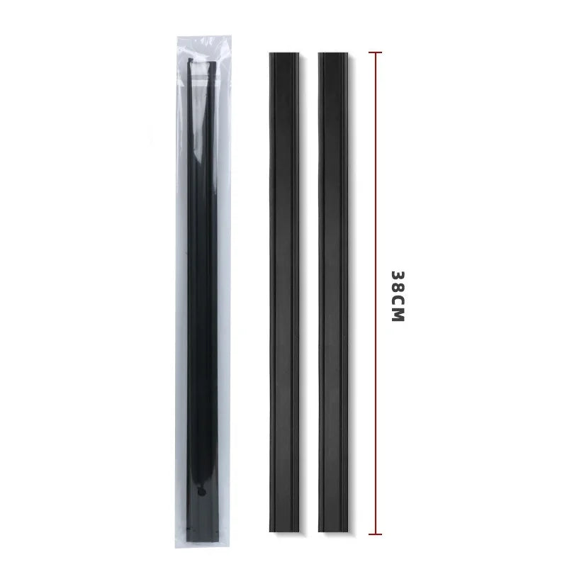 A pair of black dual car side window wiper blades shown vertically with a measurement scale.