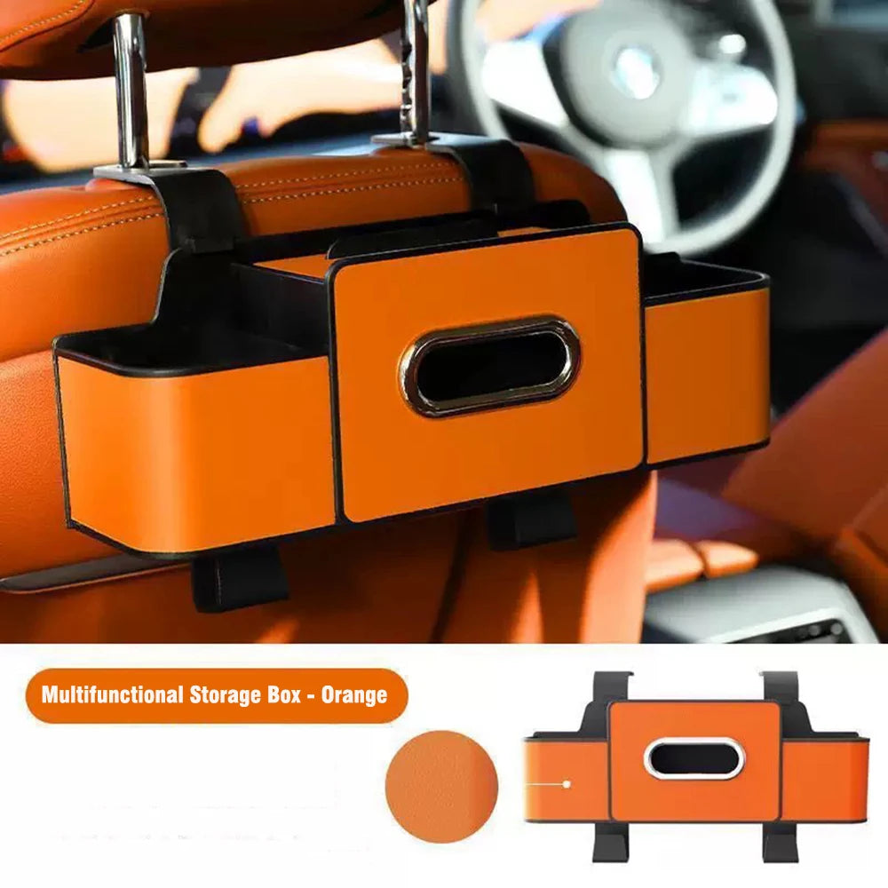 Orange multifunctional storage box designed to fit in the car seat back organizer.