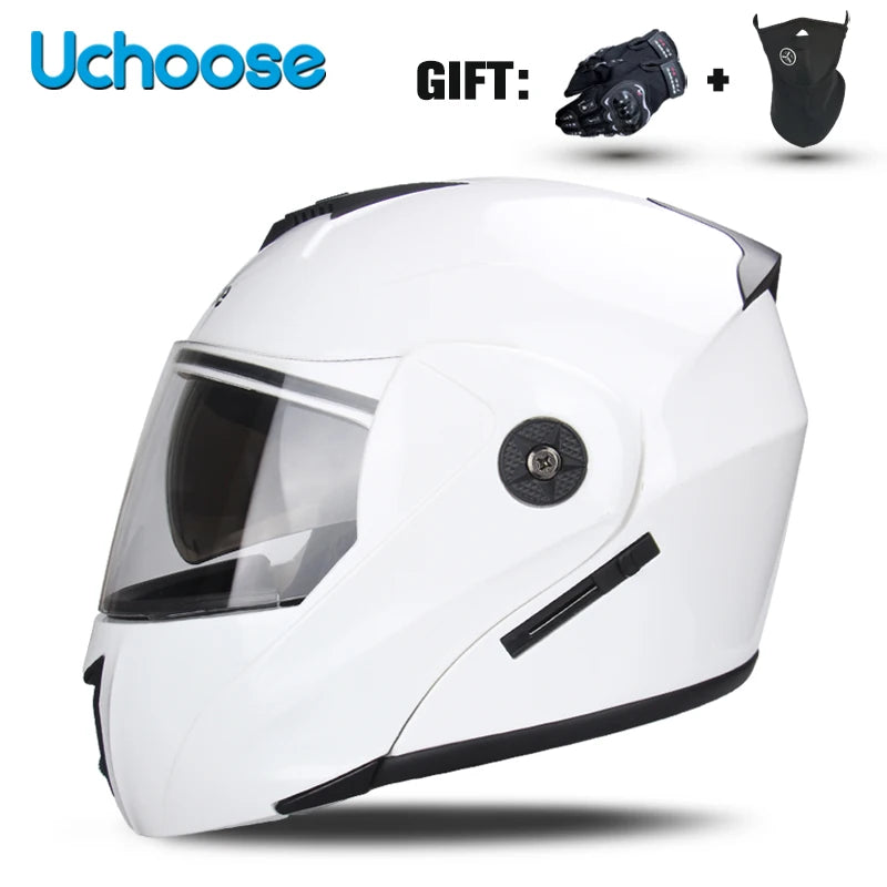White Uchoose DOT certified double lens flip-up motorcycle helmet with a black gift accessory.