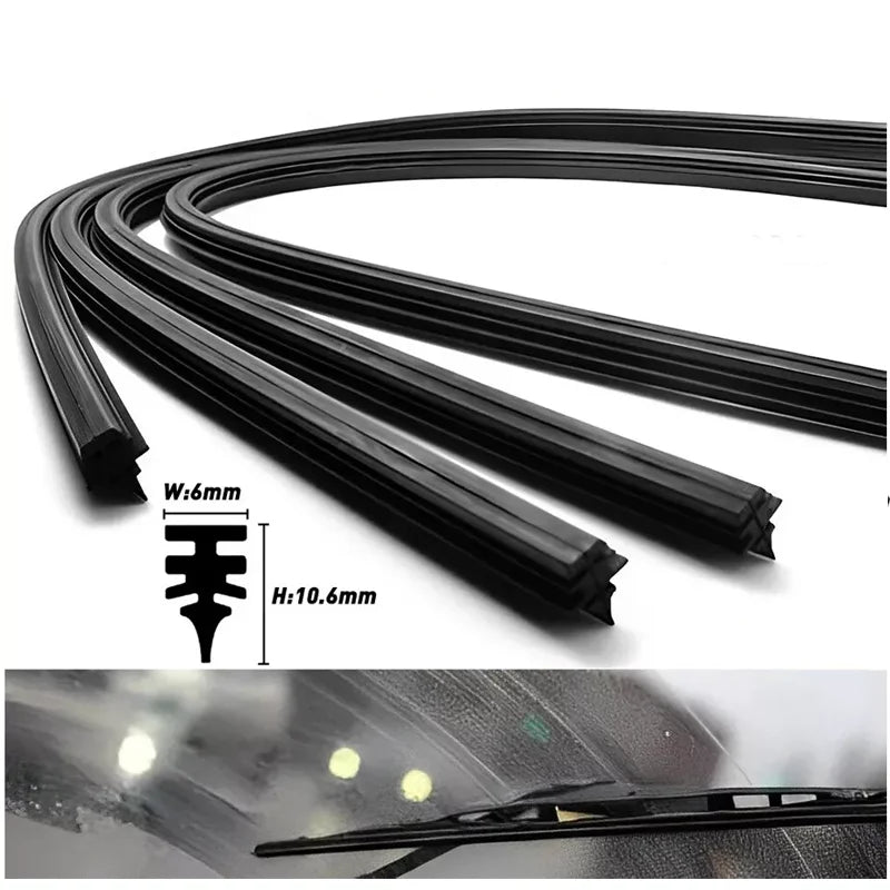 Black universal windshield wiper blade kit with a rubber blade and mounting hardware shown against a glass surface.