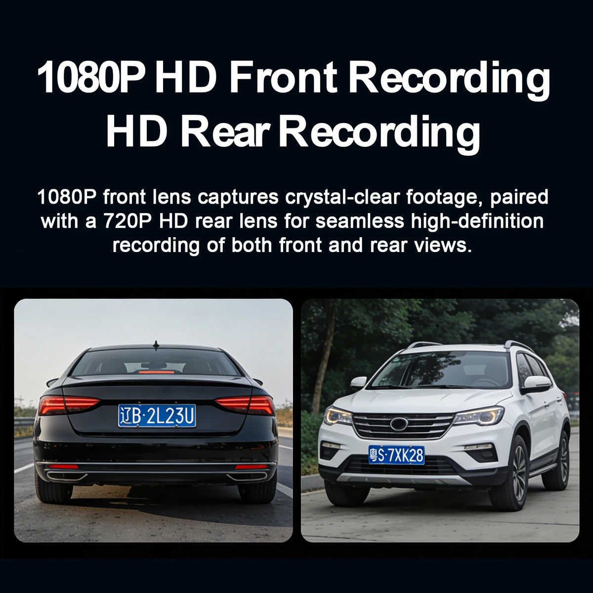 Two images showing a black sedan and a white SUV, demonstrating 1080P front and rear recording capabilities.