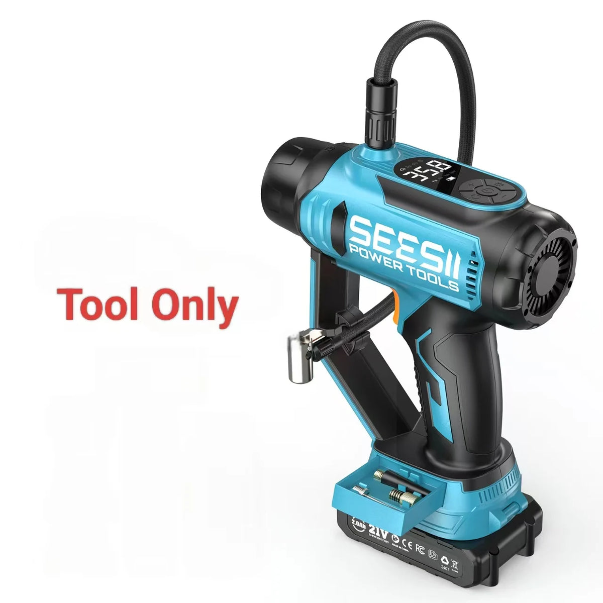 A teal and black cordless tool featuring a pump, used for tire inflation, vacuuming, or lighting.
