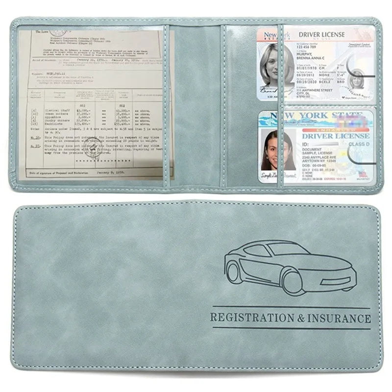 A light blue leather document and ID holder featuring multiple slots for various documents and a registration and insurance c