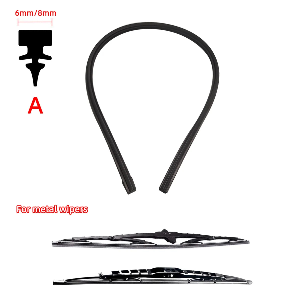 A black wiper blade refill strip with a 6mm/8mm mounting size shown alongside metal wipers.