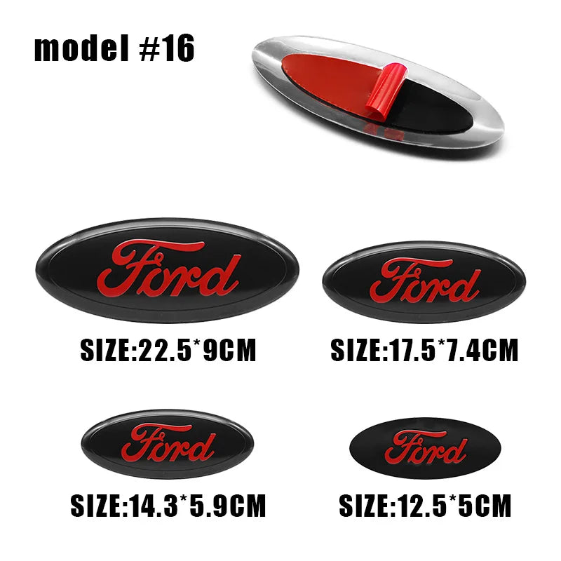 Various size and style Ford aluminum hood and trunk emblem badges and stickers.