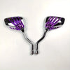 A set of universal motorcycle rear view mirrors with purple illuminated grips and chrome mounting.