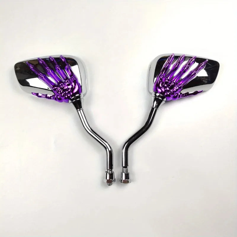 A set of universal motorcycle rear view mirrors with purple illuminated grips and chrome mounting.