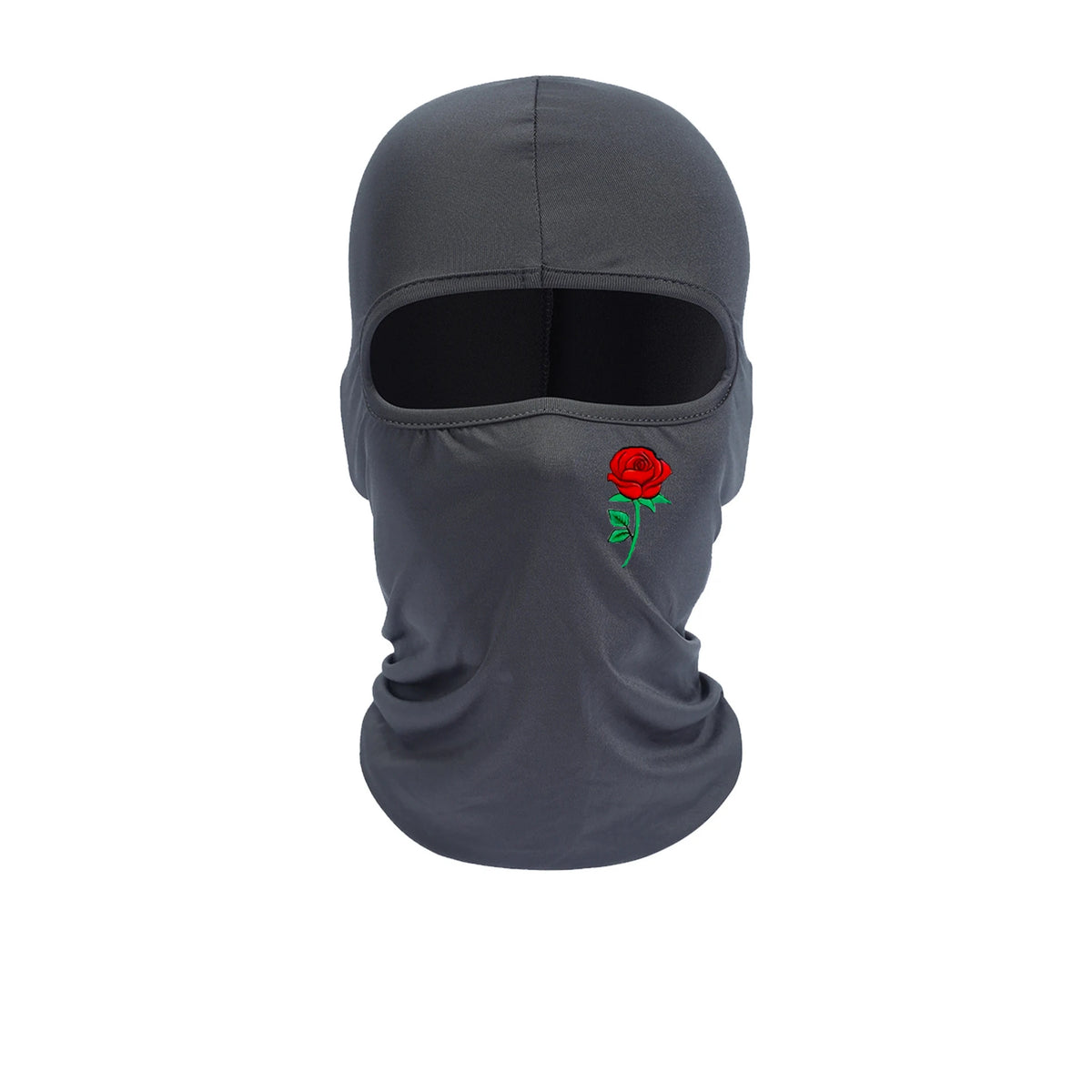 A dark gray balaclava hat with a red rose embroidery on the front.