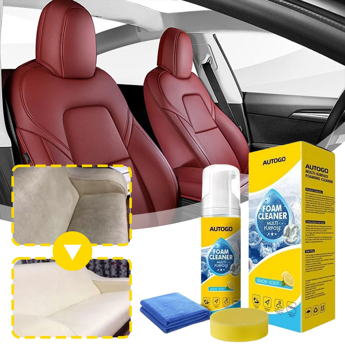 A bottle of AUTOGO foam cleaner next to a box, showing car seats and cleaning cloths.