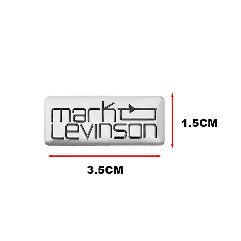 A rectangular silver aluminum car audio emblem with the name Mark Levinson engraved on it, measuring 3.5cm by 1.5cm.