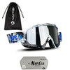 A pair of multi-color motorcycle goggles and a black drawstring bag are shown with the NAFEIB brand.