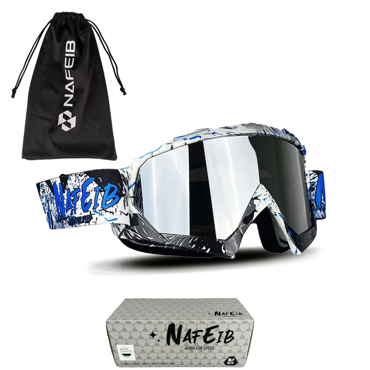 A pair of multi-color motorcycle goggles and a black drawstring bag are shown with the NAFEIB brand.