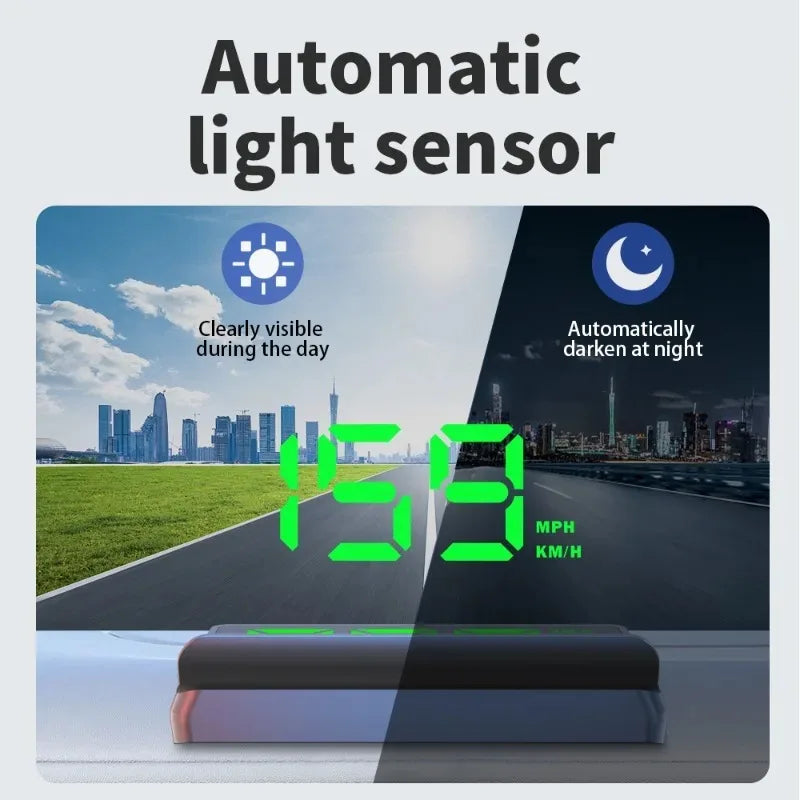 A green light sensor mounted on a car dashboard displaying speed and distance information.