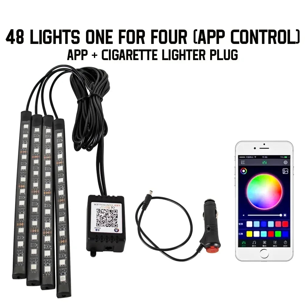 A set of 48 lights for an app controlled RGB car underglow LED strip lights with a cigarette lighter plug.