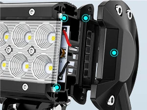 Gros plan d'une barre de lumière noire avec plusieurs feux LED et matériel de montage.