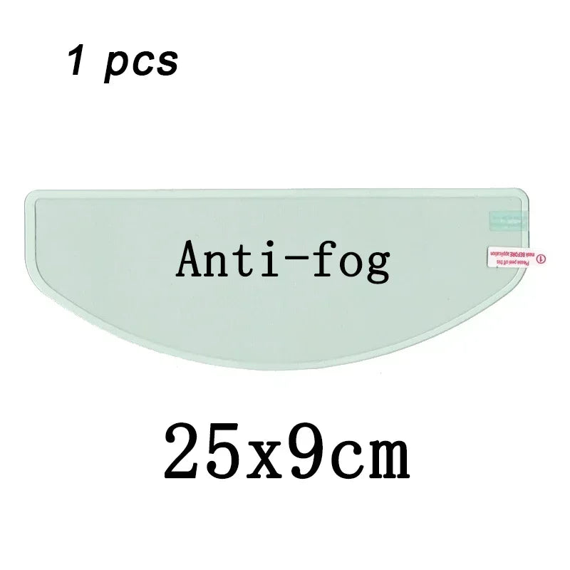 A rectangular anti-fog and rain-repellent film for motorcycle helmet visors, measuring 25x9cm.