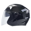 A glossy black motorcycle helmet with a clear visor and a silver accent.