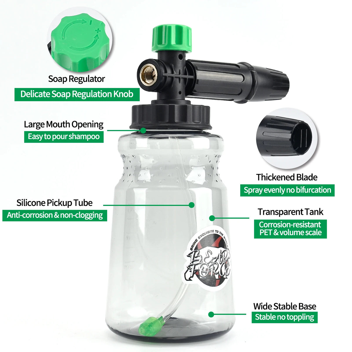 A clear plastic bottle with a pump mechanism and various parts for soap regulation and dispensing.