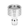 A chrome high-pressure stainless steel shower head nozzle with a perforated disc and threaded base.