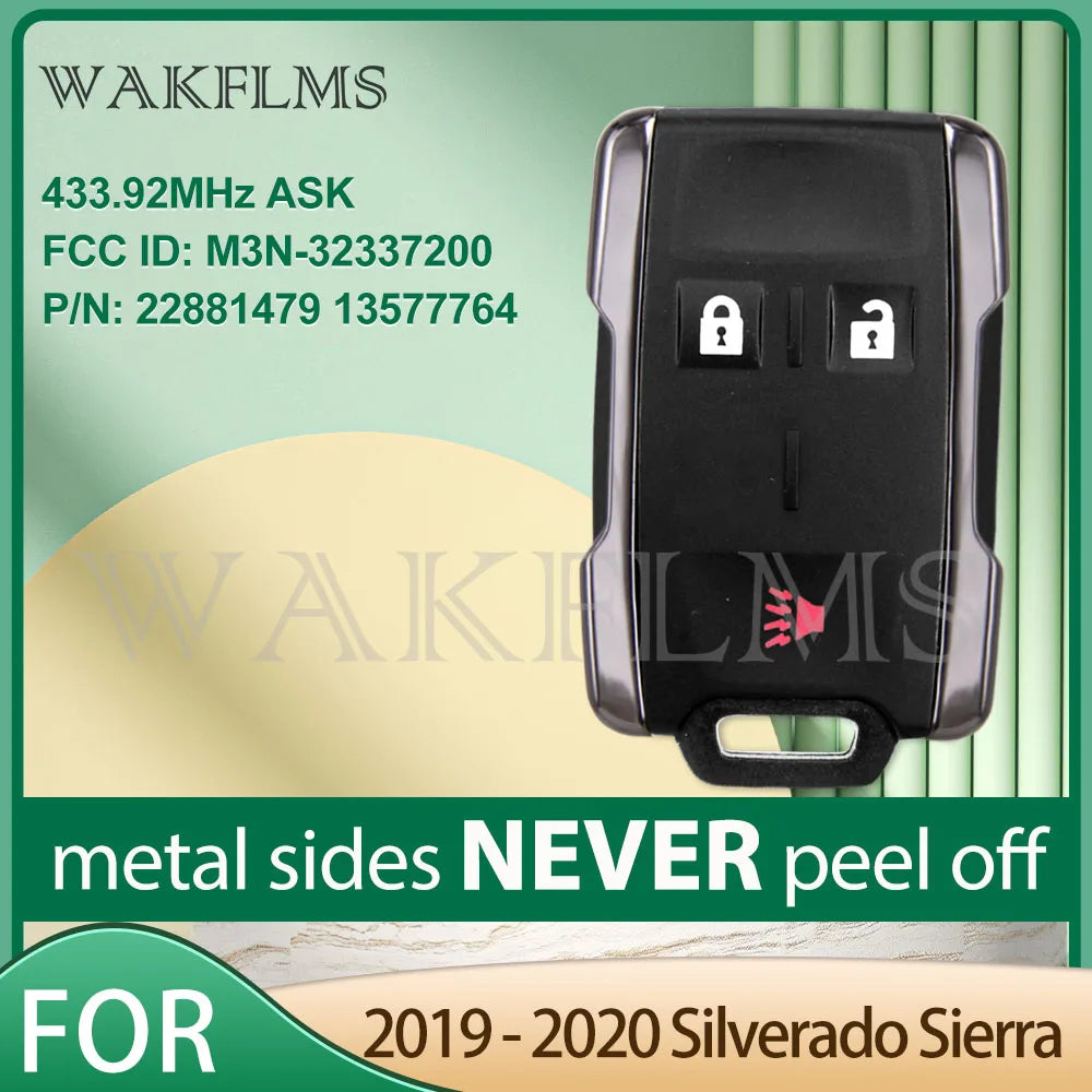 Black universal remote key for Chevy/GMC trucks with metal sides and FCC ID information