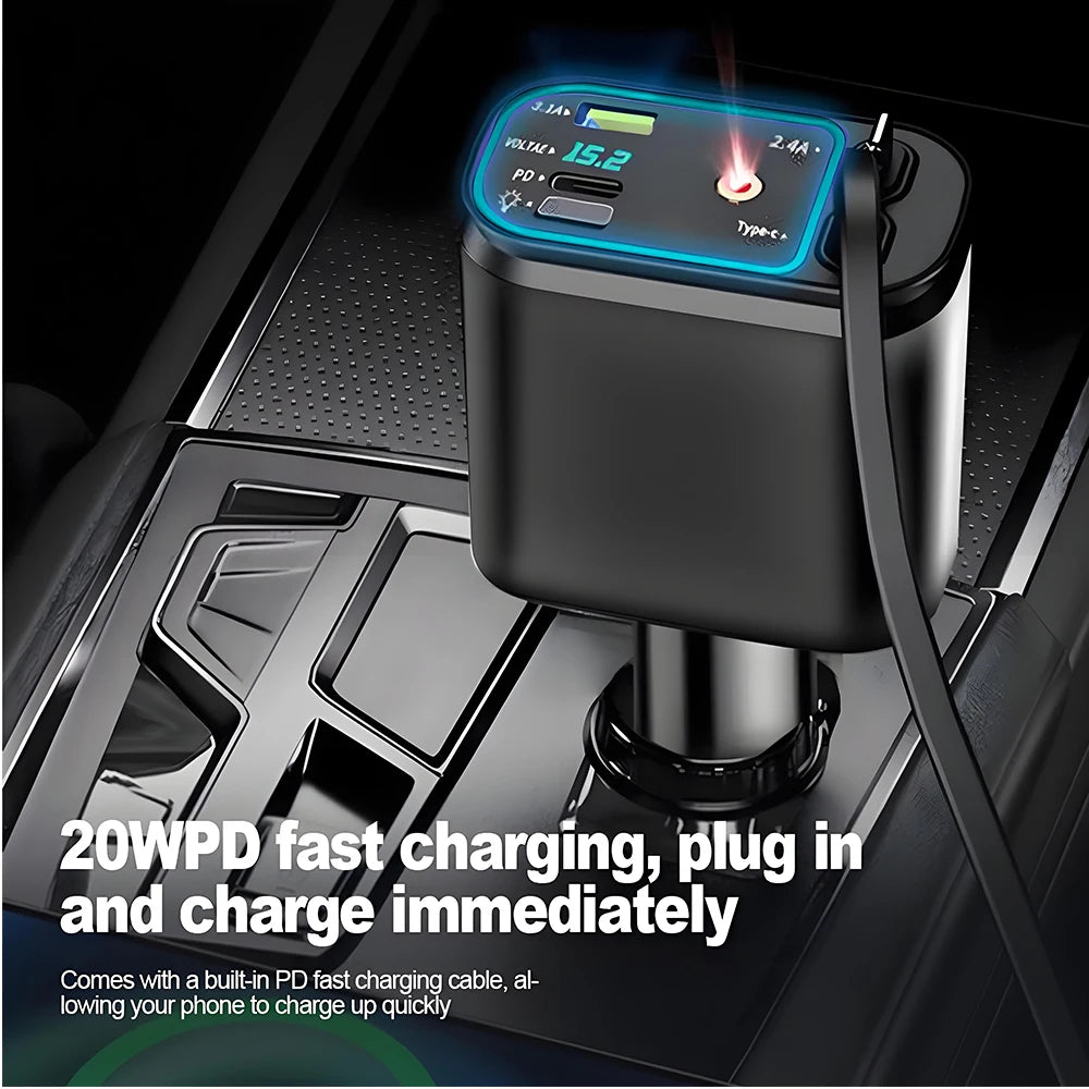 A black portable power bank with a digital display is plugged into a car charger port.