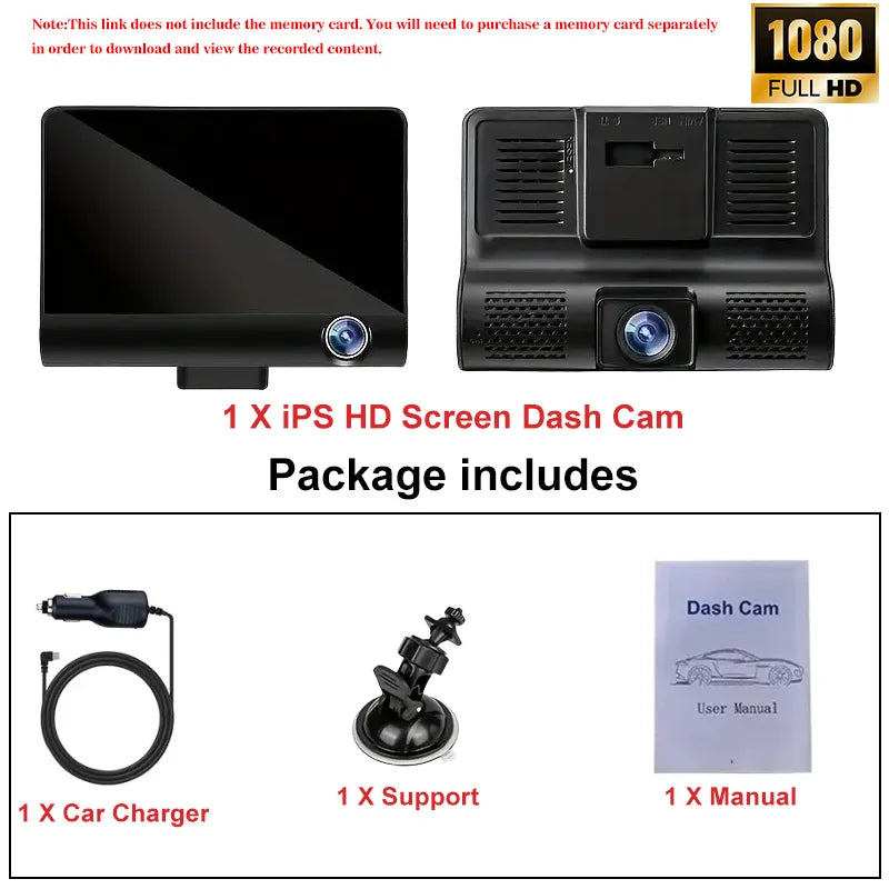 A package of an IPS HD Screen Dash Cam includes a charger, support, and manual.