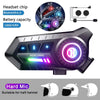 A black headset chip and a dark electronic device with a glowing purple light, along with a diagram of a helmet mount.